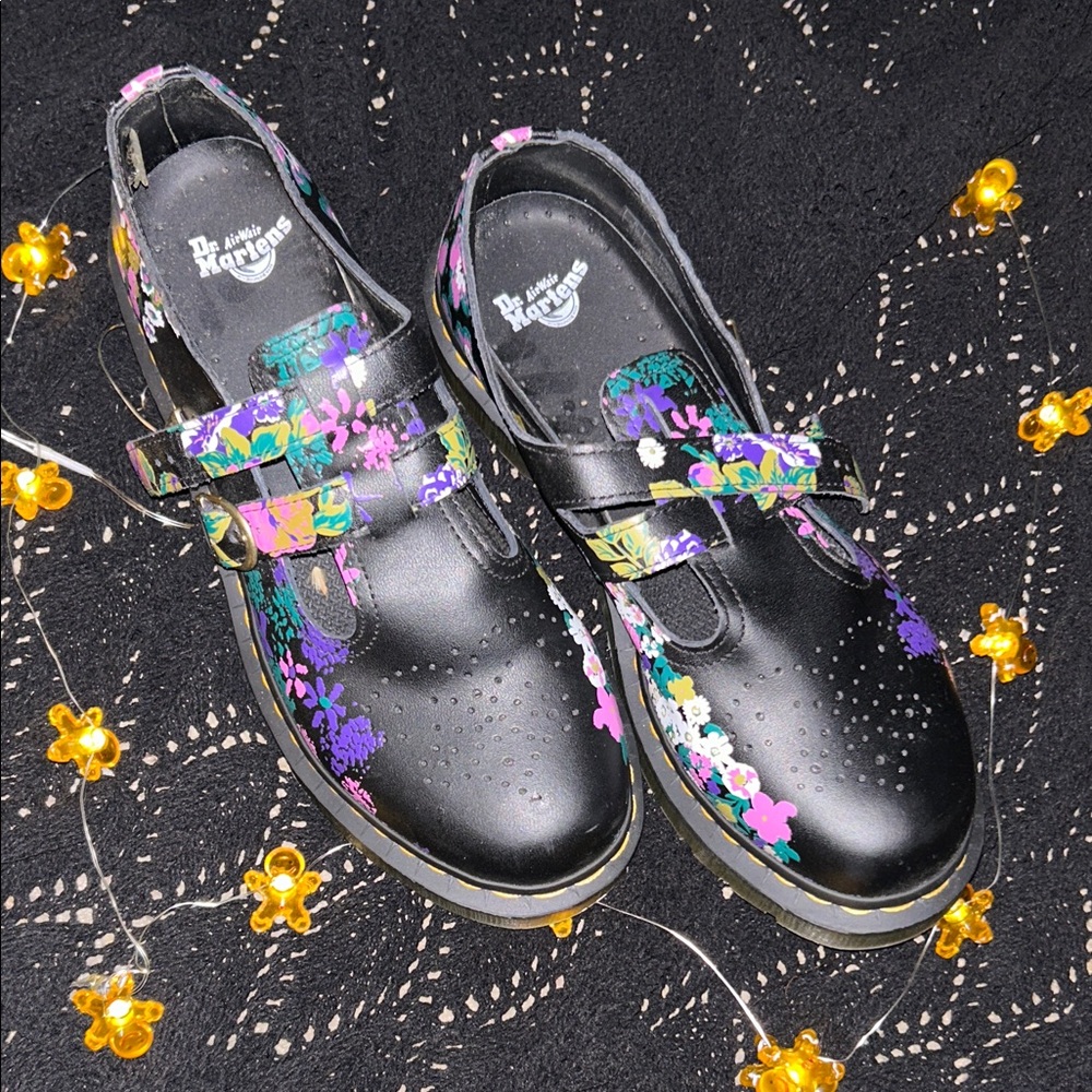 Dr. Martens Black with Purple and Pink Floral Flats